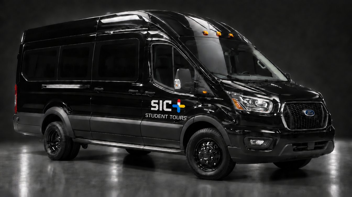 Black Ford Transit 350 XLT high-roof 15-passenger van with the SIC+ logo and the words Student Tours on the front passenger door
